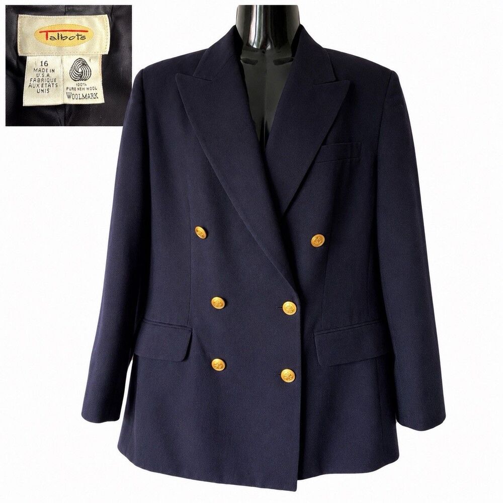 Vintage Talbots Navy Wool Double Breasted Blazer Gold Crest Buttons USA Size 16